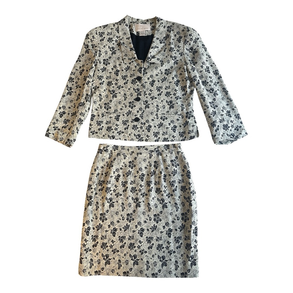 Pat Argenti black/cream floral two piece blazer skirt suit  lined size 4